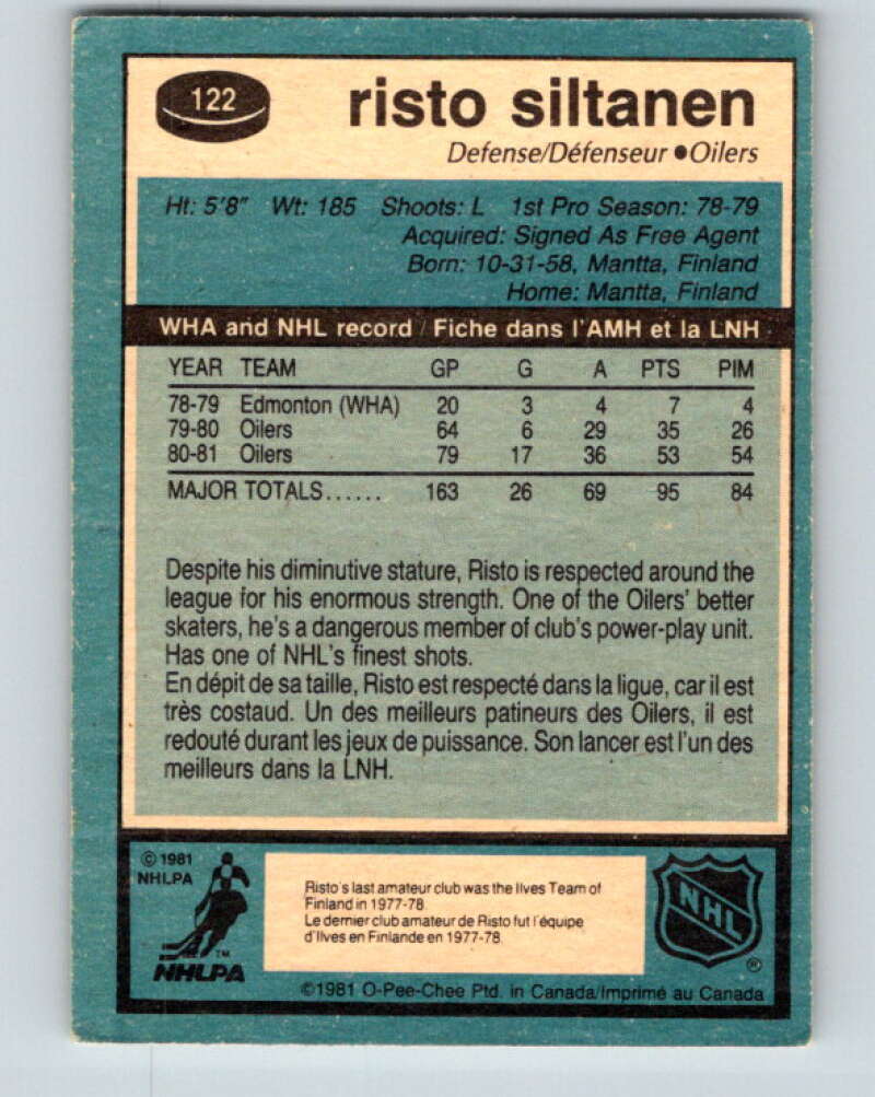 1981-82 O-Pee-Chee #122 Risto Siltanen Edmonton Oilers V30302