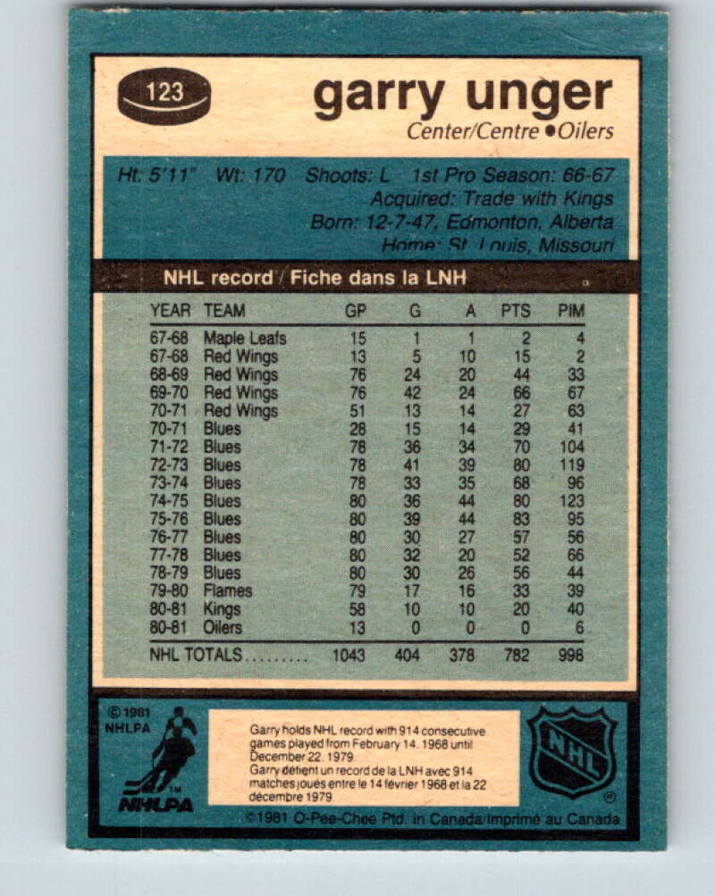 1981-82 O-Pee-Chee #123 Garry Unger Edmonton Oilers V30304