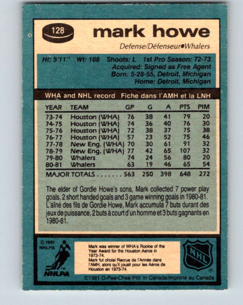1981-82 O-Pee-Chee #128 Mark Howe Hartford Whalers V30332