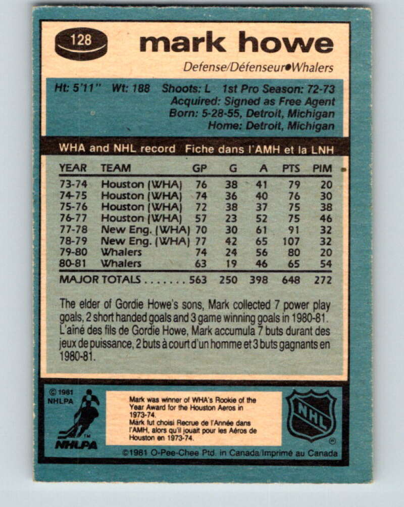 1981-82 O-Pee-Chee #128 Mark Howe Hartford Whalers V30334