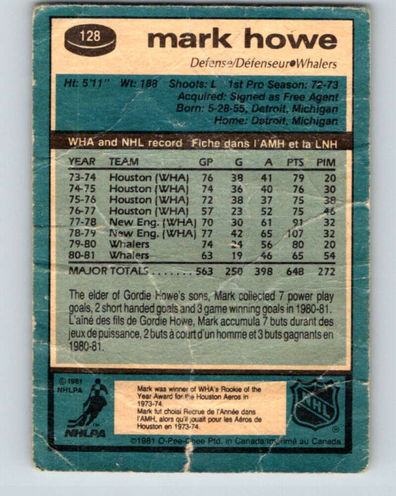 1981-82 O-Pee-Chee #128 Mark Howe Hartford Whalers V30336