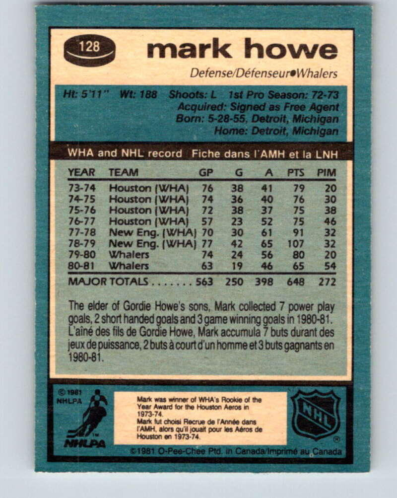 1981-82 O-Pee-Chee #128 Mark Howe Hartford Whalers V30337