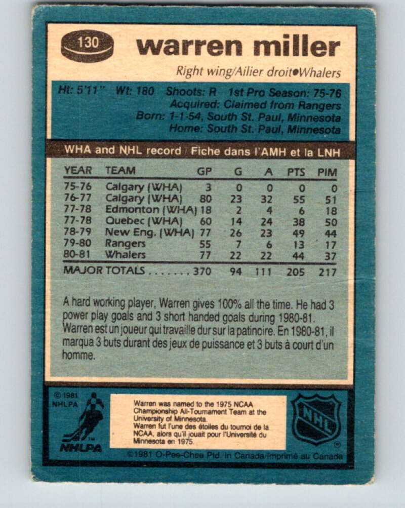 1981-82 O-Pee-Chee #130 Warren Miller RC Rookie Hartford Whalers V30352