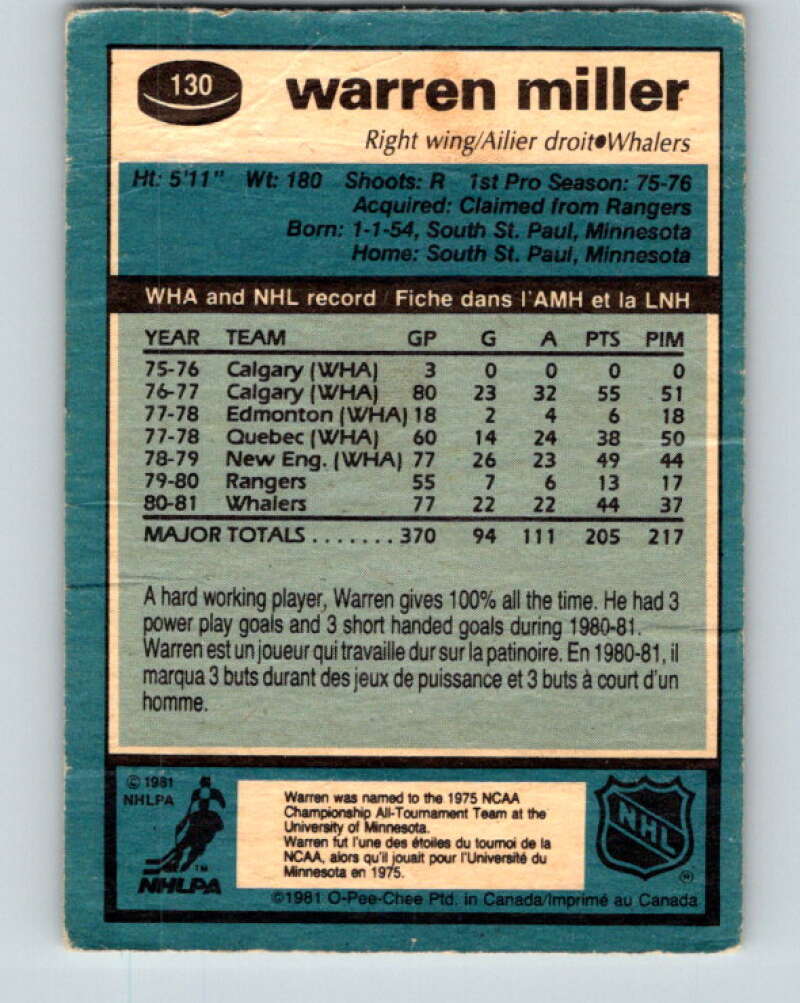 1981-82 O-Pee-Chee #130 Warren Miller RC Rookie Hartford Whalers V30354