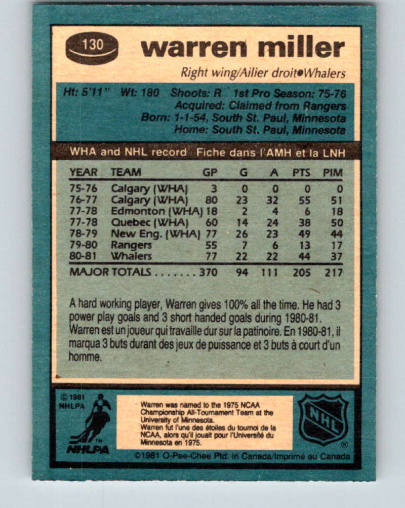 1981-82 O-Pee-Chee #130 Warren Miller RC Rookie Hartford Whalers V30355