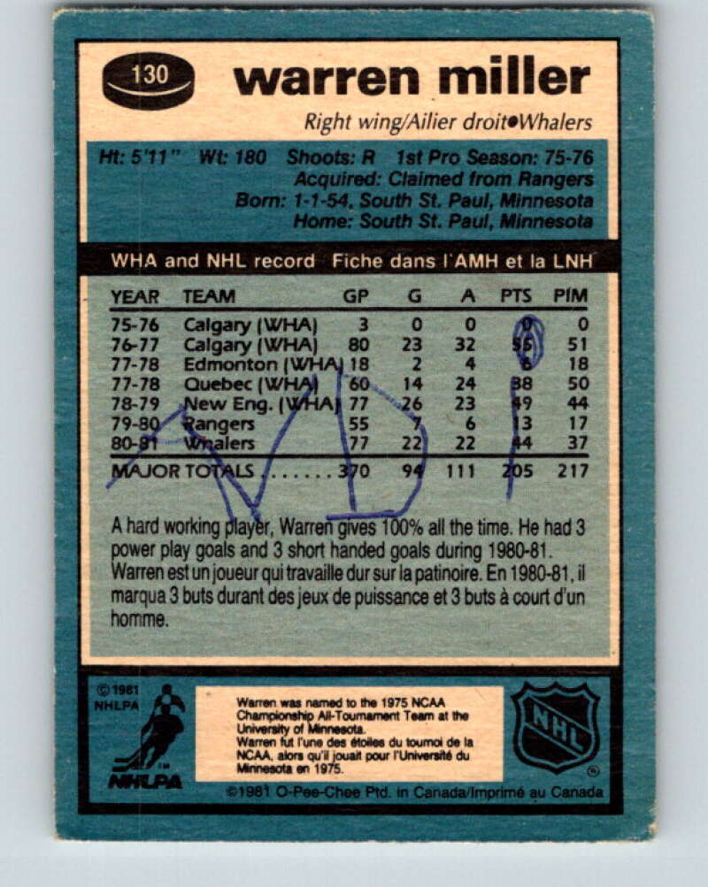 1981-82 O-Pee-Chee #130 Warren Miller RC Rookie Hartford Whalers V30357