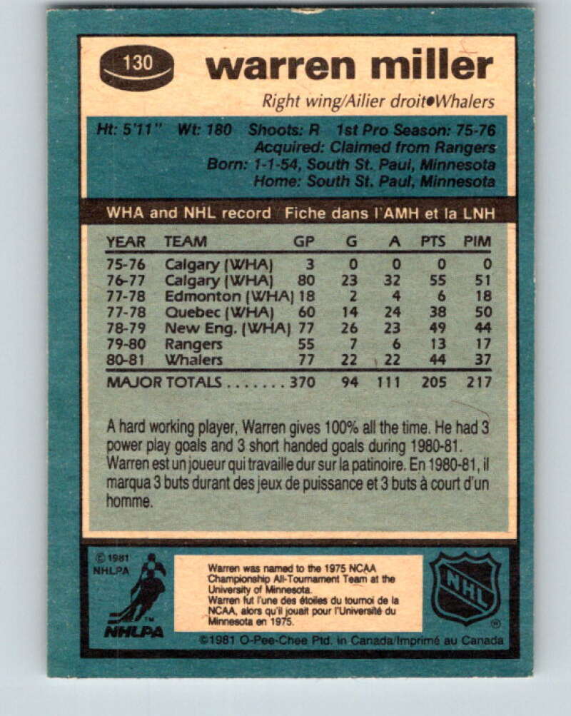 1981-82 O-Pee-Chee #130 Warren Miller RC Rookie Hartford Whalers V30360