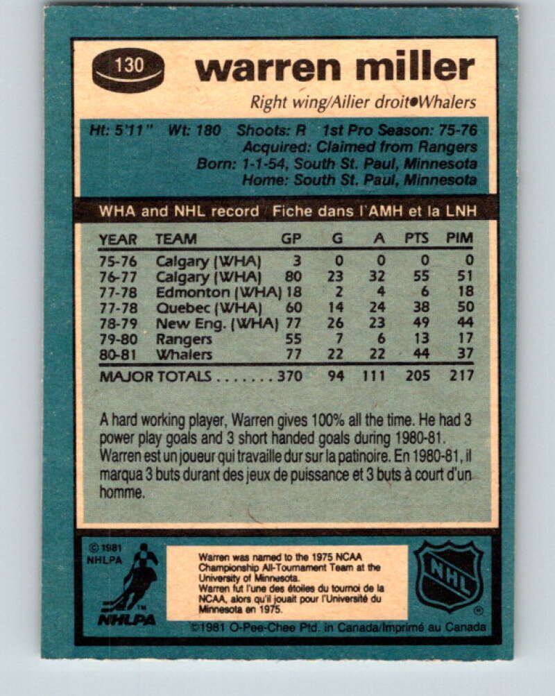 1981-82 O-Pee-Chee #130 Warren Miller RC Rookie Hartford Whalers V30361