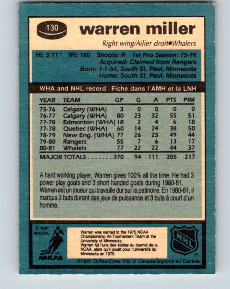 1981-82 O-Pee-Chee #130 Warren Miller RC Rookie Hartford Whalers V30362