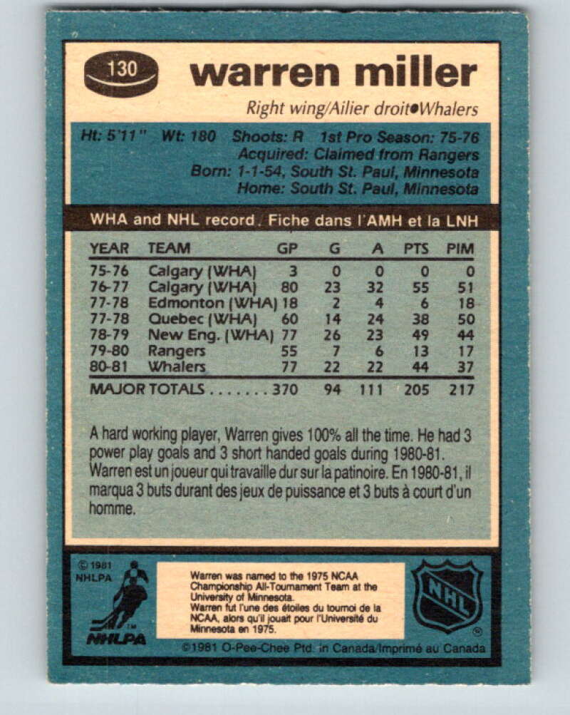 1981-82 O-Pee-Chee #130 Warren Miller RC Rookie Hartford Whalers V30364