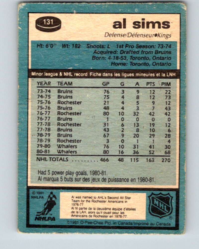 1981-82 O-Pee-Chee #131 Al Sims Los Angeles Kings V30365