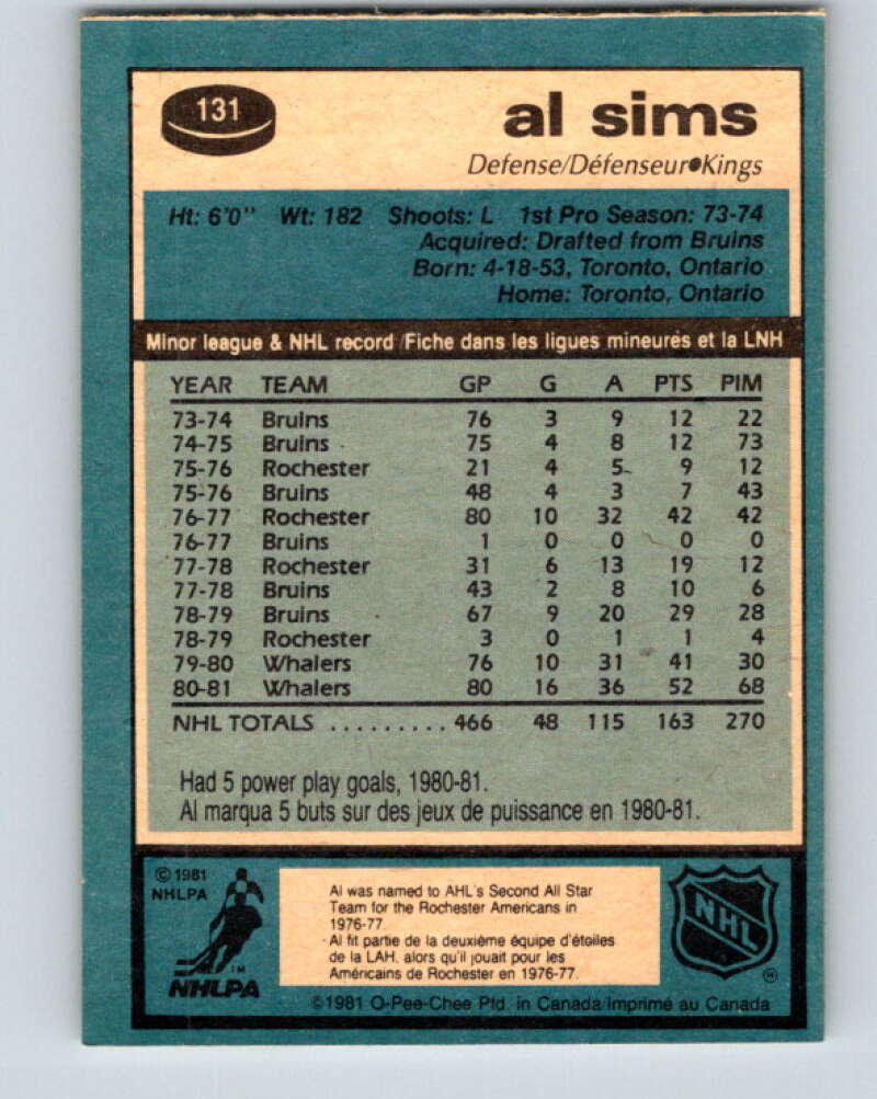 1981-82 O-Pee-Chee #131 Al Sims Los Angeles Kings V30368