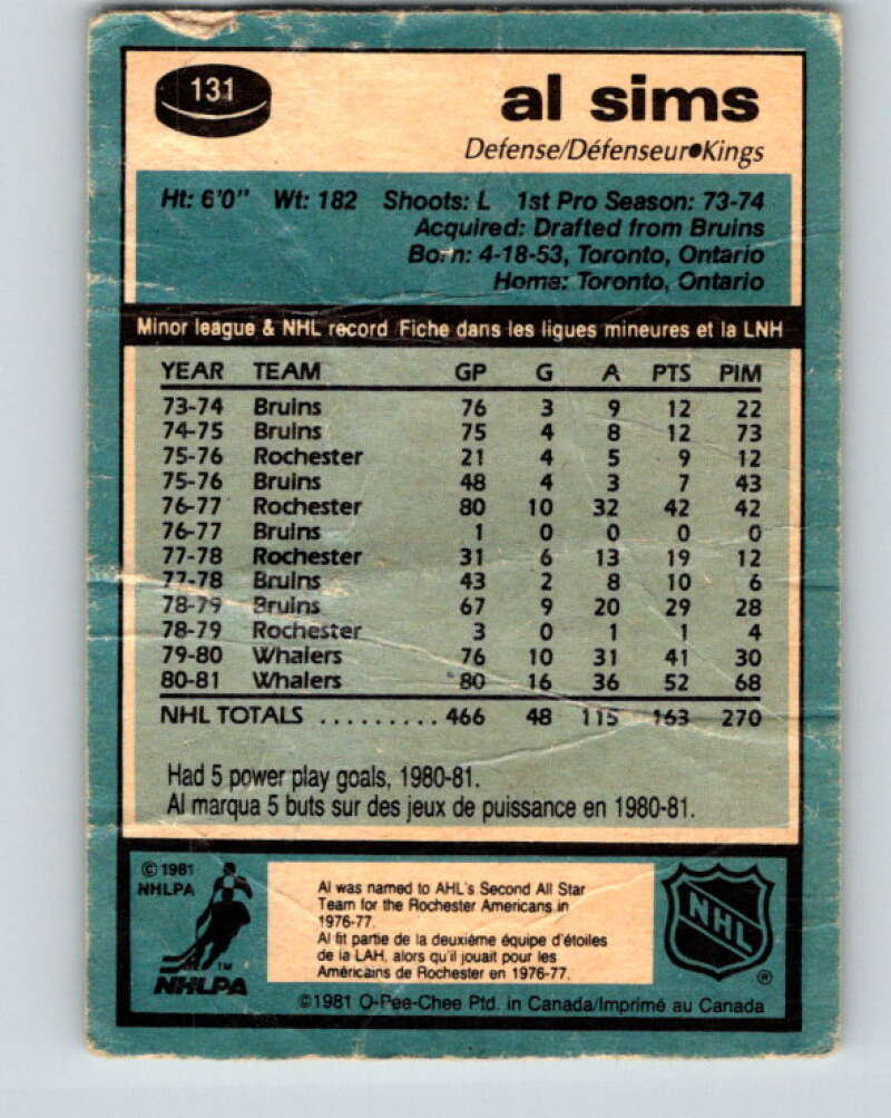 1981-82 O-Pee-Chee #131 Al Sims Los Angeles Kings V30369