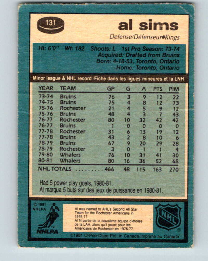 1981-82 O-Pee-Chee #131 Al Sims Los Angeles Kings V30370