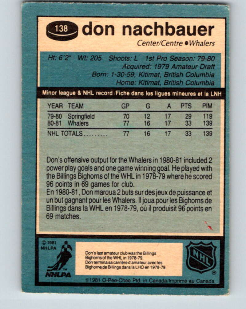 1981-82 O-Pee-Chee #138 Don Nachbaur RC Rookie Hartford Whalers V30416