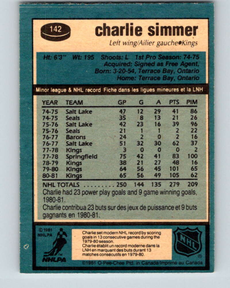 1981-82 O-Pee-Chee #142 Charlie Simmer Los Angeles Kings V30451