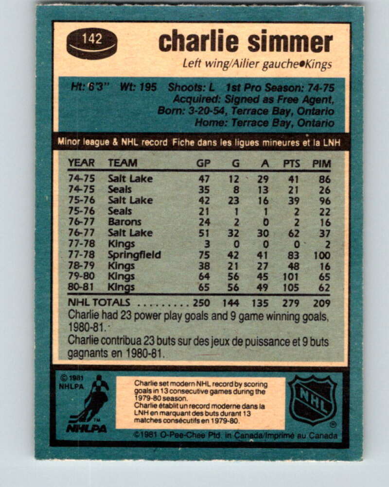 1981-82 O-Pee-Chee #142 Charlie Simmer Los Angeles Kings V30452