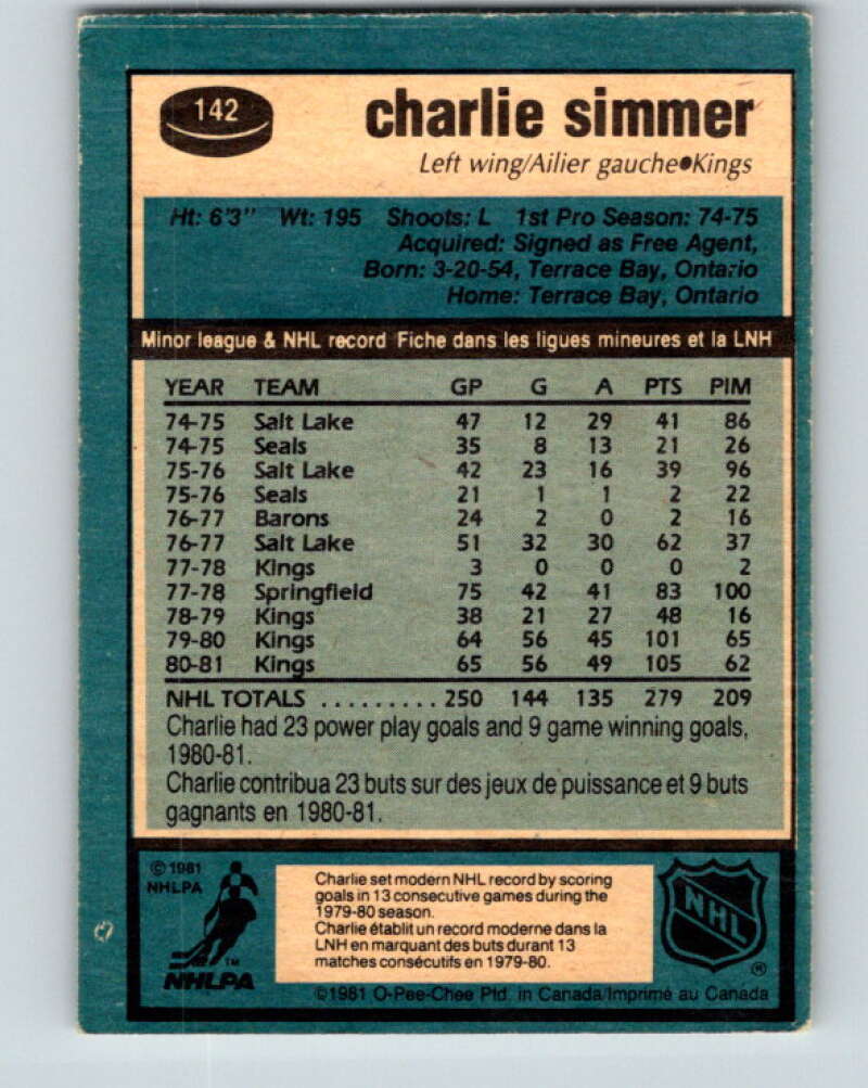 1981-82 O-Pee-Chee #142 Charlie Simmer Los Angeles Kings V30454