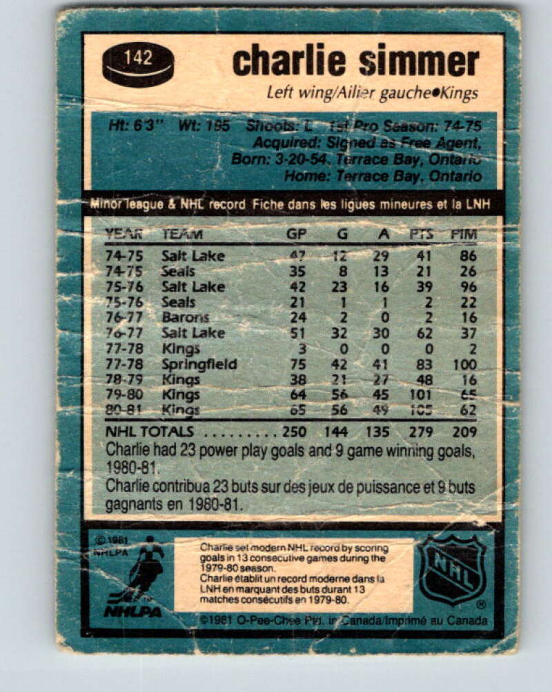 1981-82 O-Pee-Chee #142 Charlie Simmer Los Angeles Kings V30455