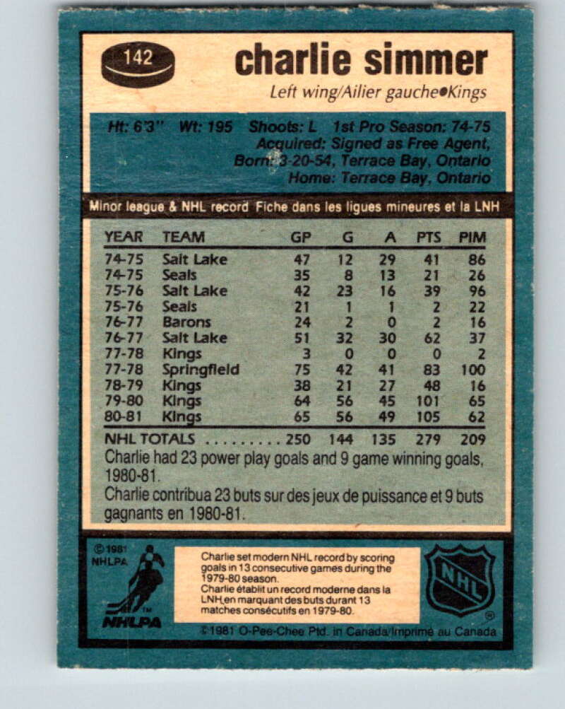 1981-82 O-Pee-Chee #142 Charlie Simmer Los Angeles Kings V30456