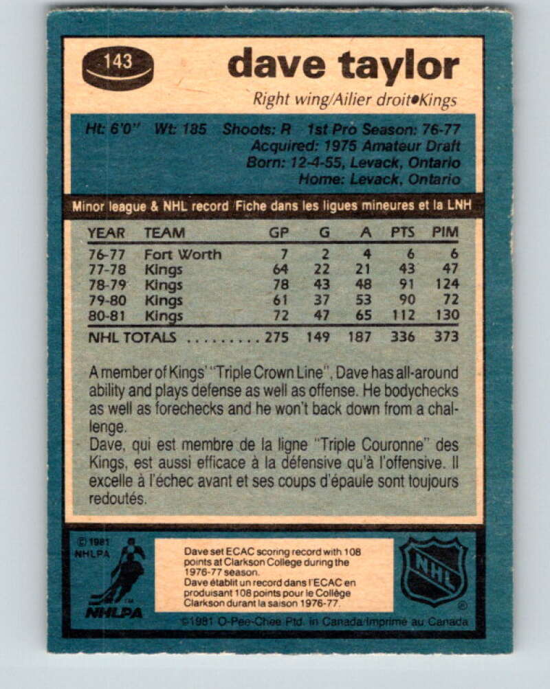 1981-82 O-Pee-Chee #143 Dave Taylor Los Angeles Kings V30457