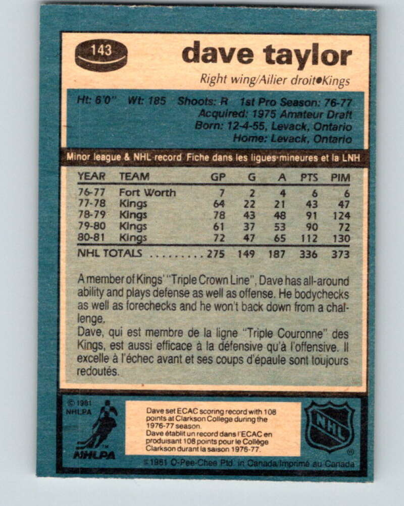 1981-82 O-Pee-Chee #143 Dave Taylor Los Angeles Kings V30458