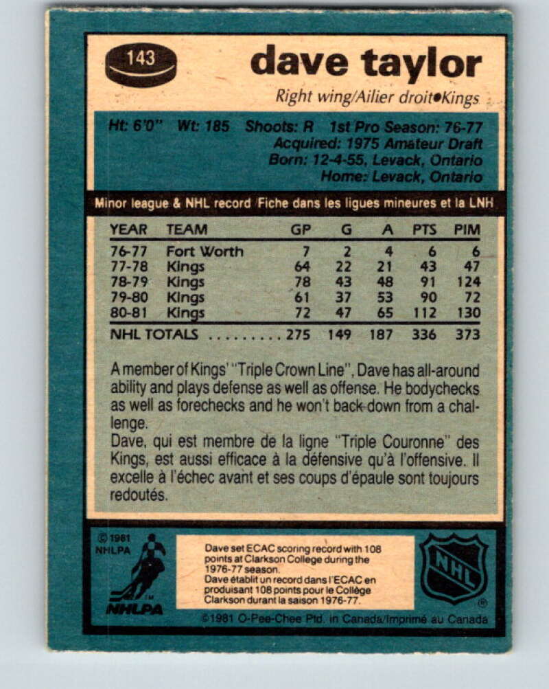 1981-82 O-Pee-Chee #143 Dave Taylor Los Angeles Kings V30459
