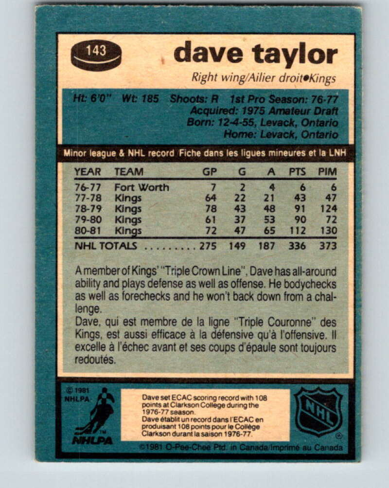 1981-82 O-Pee-Chee #143 Dave Taylor Los Angeles Kings V30461