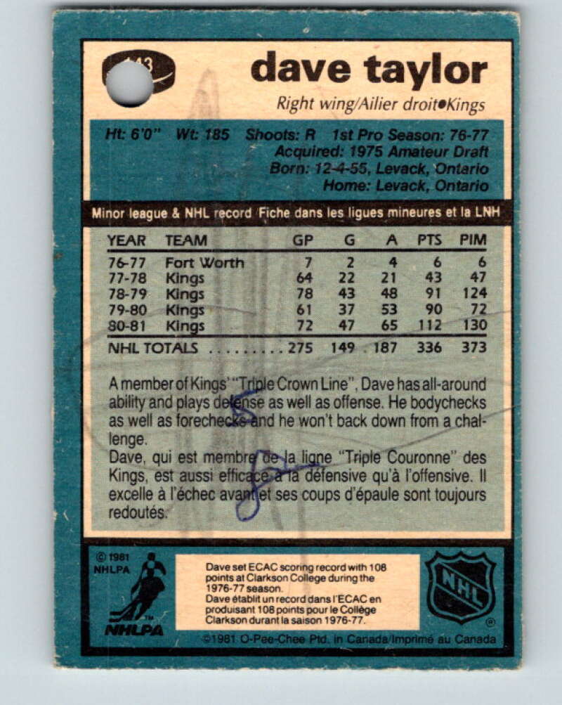 1981-82 O-Pee-Chee #143 Dave Taylor Los Angeles Kings V30462