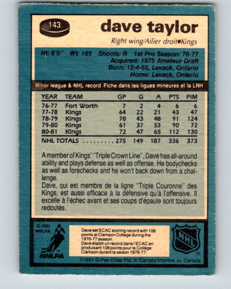 1981-82 O-Pee-Chee #143 Dave Taylor Los Angeles Kings V30463