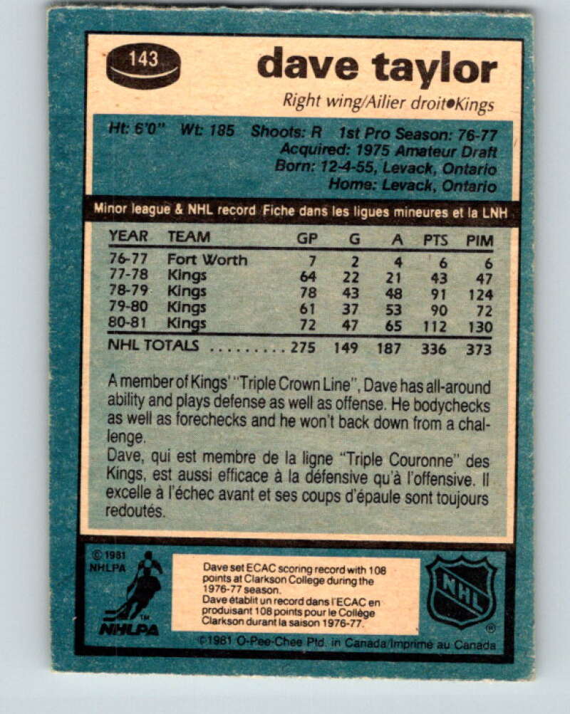 1981-82 O-Pee-Chee #143 Dave Taylor Los Angeles Kings V30464