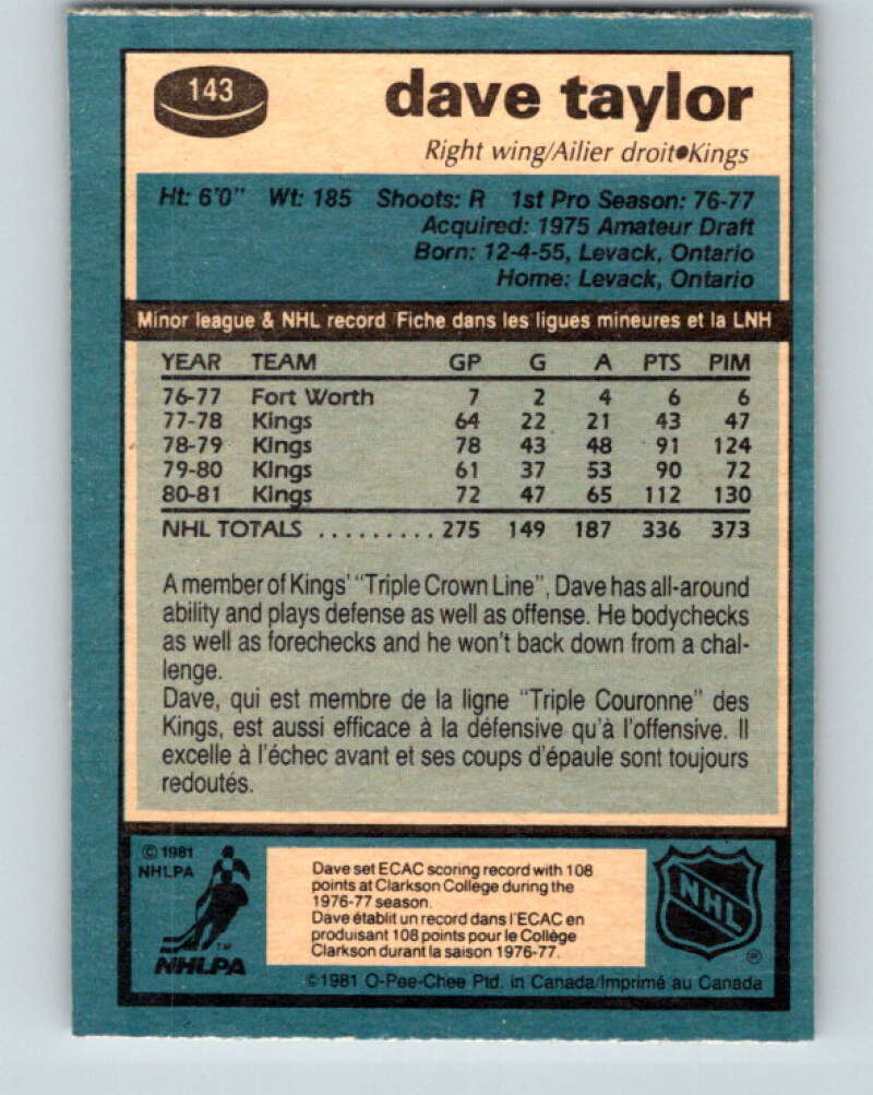 1981-82 O-Pee-Chee #143 Dave Taylor Los Angeles Kings V30465