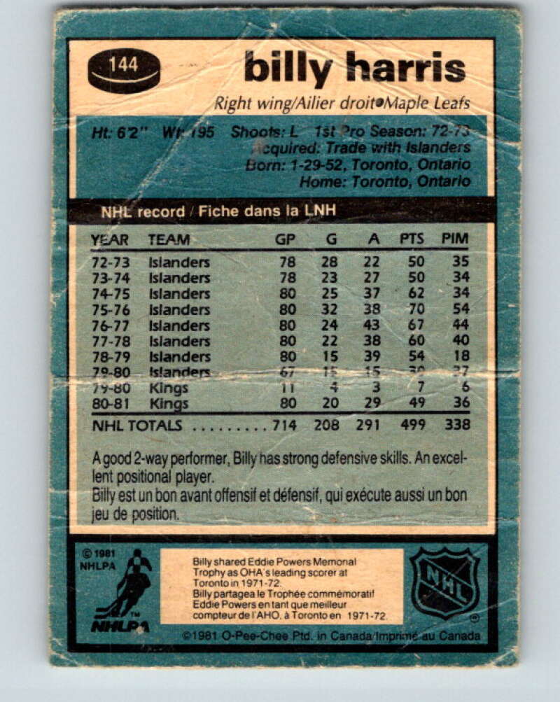 1981-82 O-Pee-Chee #144 Billy Harris Toronto Maple Leafs V30466