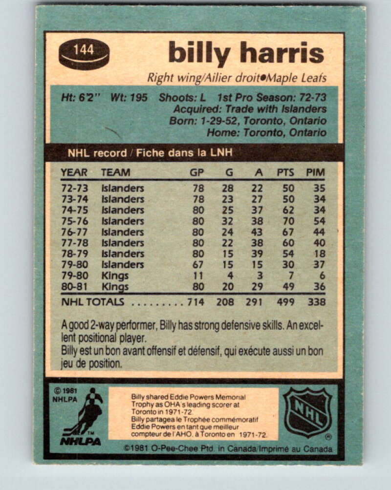1981-82 O-Pee-Chee #144 Billy Harris Toronto Maple Leafs V30467