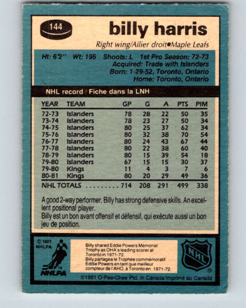 1981-82 O-Pee-Chee #144 Billy Harris Toronto Maple Leafs V30468