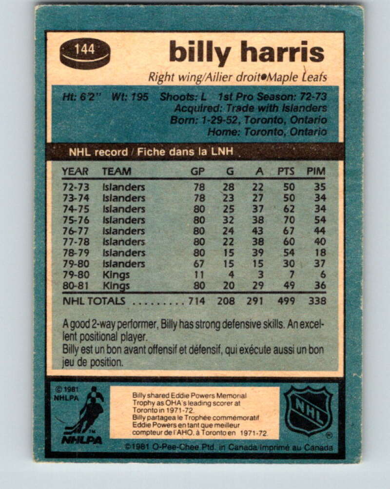 1981-82 O-Pee-Chee #144 Billy Harris Toronto Maple Leafs V30469