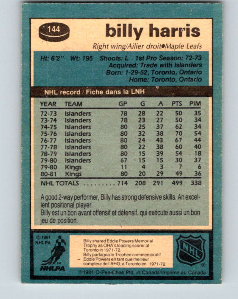 1981-82 O-Pee-Chee #144 Billy Harris Toronto Maple Leafs V30470