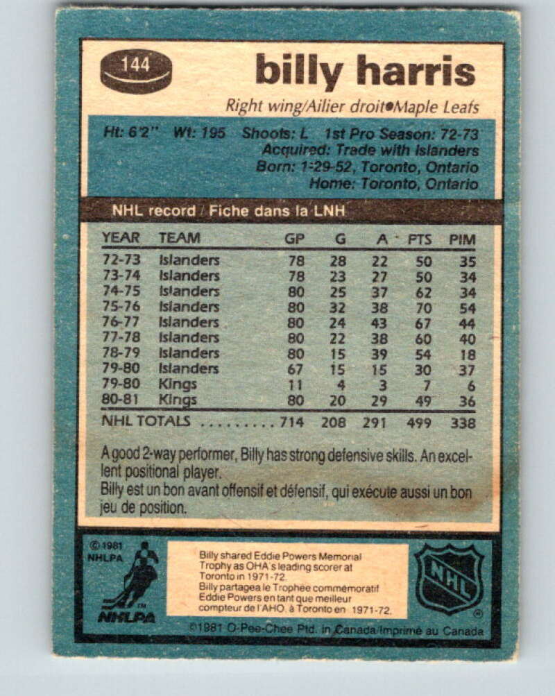 1981-82 O-Pee-Chee #144 Billy Harris Toronto Maple Leafs V30472