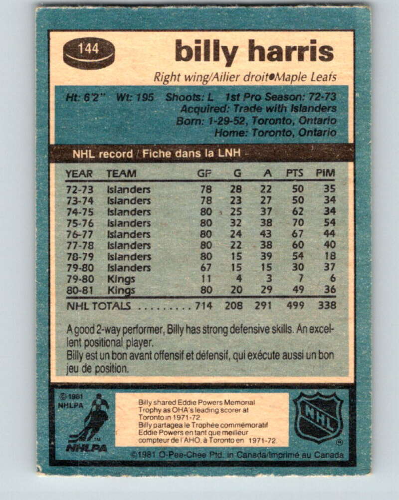 1981-82 O-Pee-Chee #144 Billy Harris Toronto Maple Leafs V30474