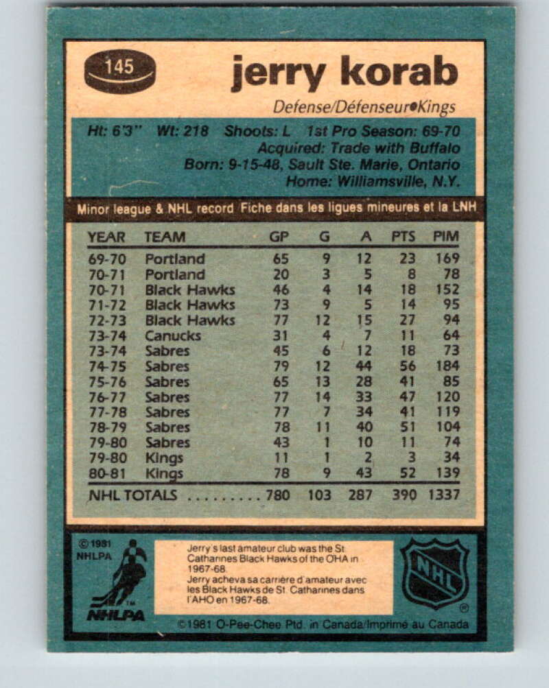 1981-82 O-Pee-Chee #145 Jerry Korab Los Angeles Kings V30480
