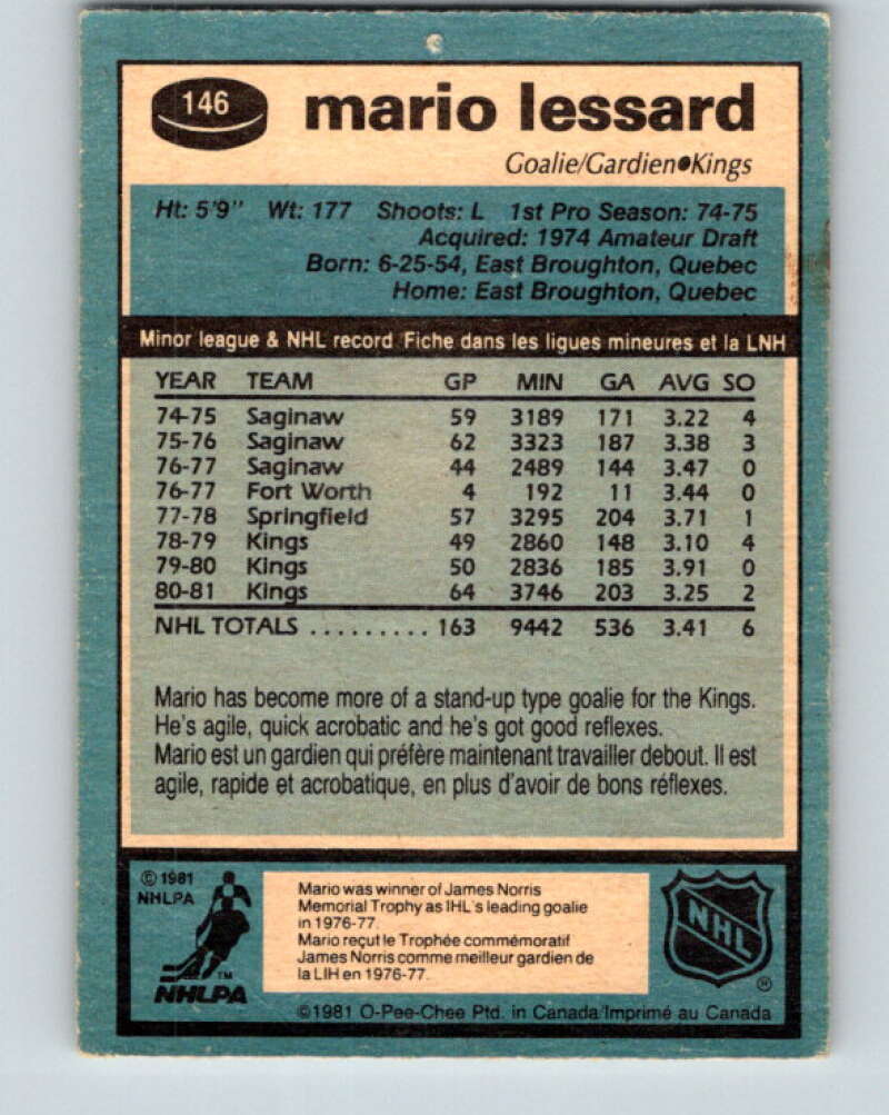1981-82 O-Pee-Chee #146 Mario Lessard Los Angeles Kings V30482