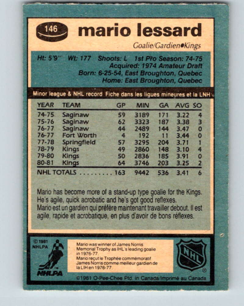 1981-82 O-Pee-Chee #146 Mario Lessard Los Angeles Kings V30483