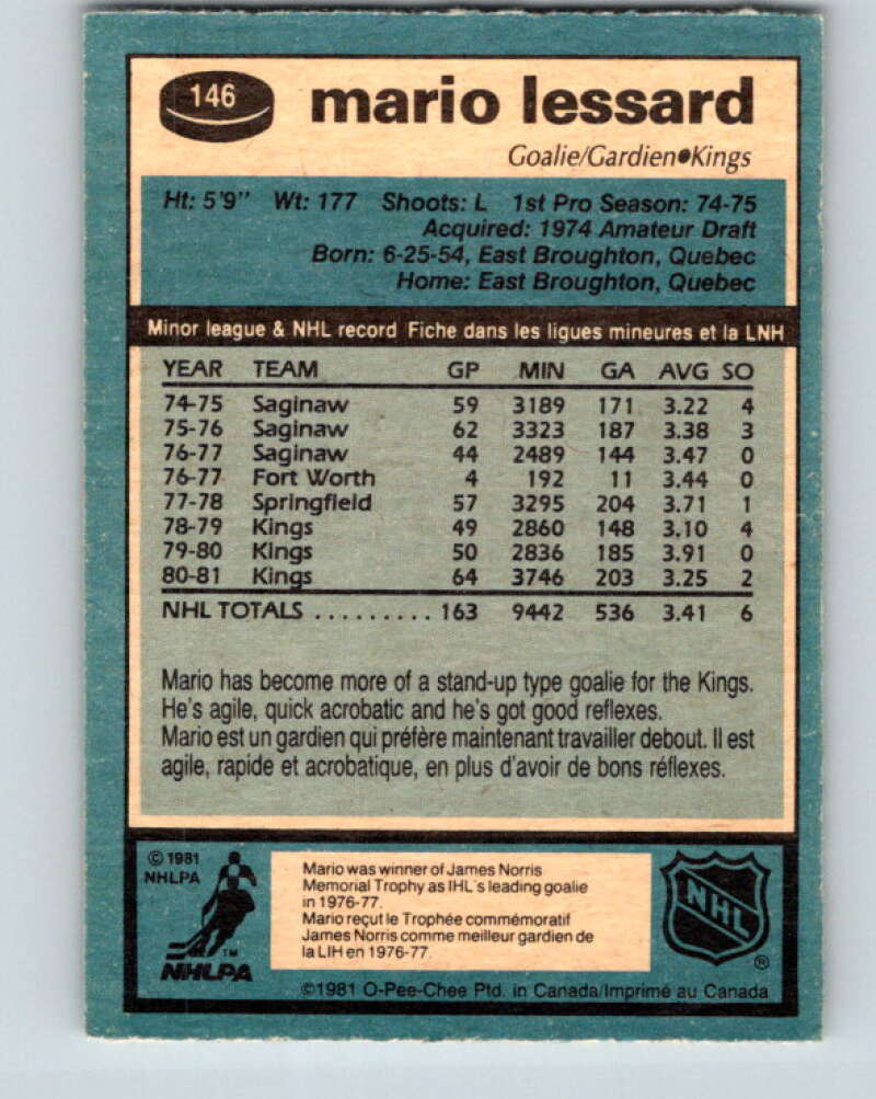 1981-82 O-Pee-Chee #146 Mario Lessard Los Angeles Kings V30484