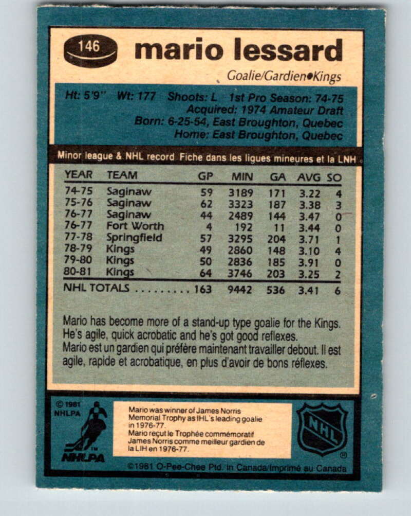 1981-82 O-Pee-Chee #146 Mario Lessard Los Angeles Kings V30485