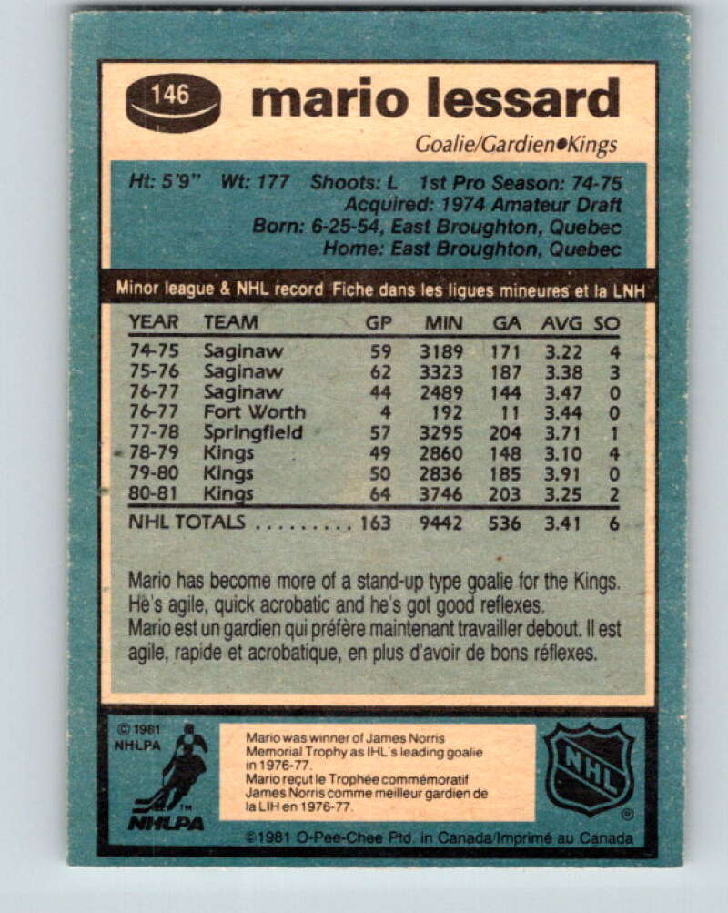 1981-82 O-Pee-Chee #146 Mario Lessard Los Angeles Kings V30486