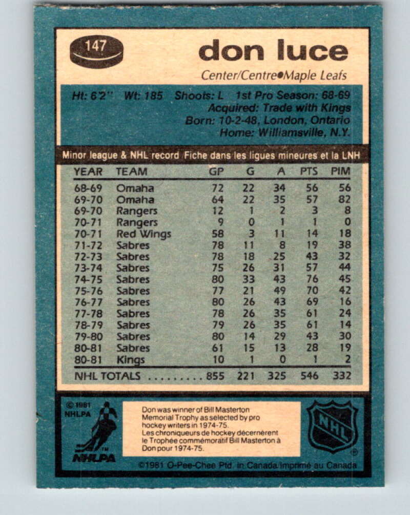 1981-82 O-Pee-Chee #147 Don Luce Toronto Maple Leafs V30491