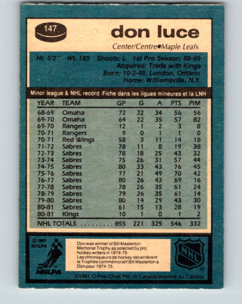 1981-82 O-Pee-Chee #147 Don Luce Toronto Maple Leafs V30493