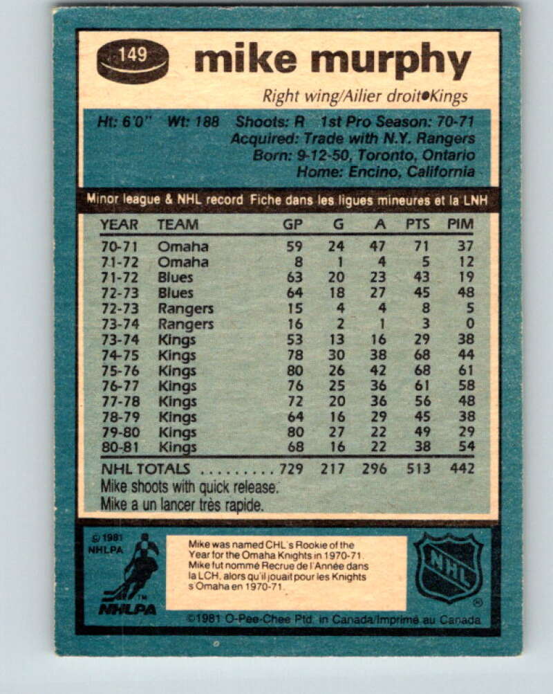 1981-82 O-Pee-Chee #149 Mike Murphy Los Angeles Kings V30500