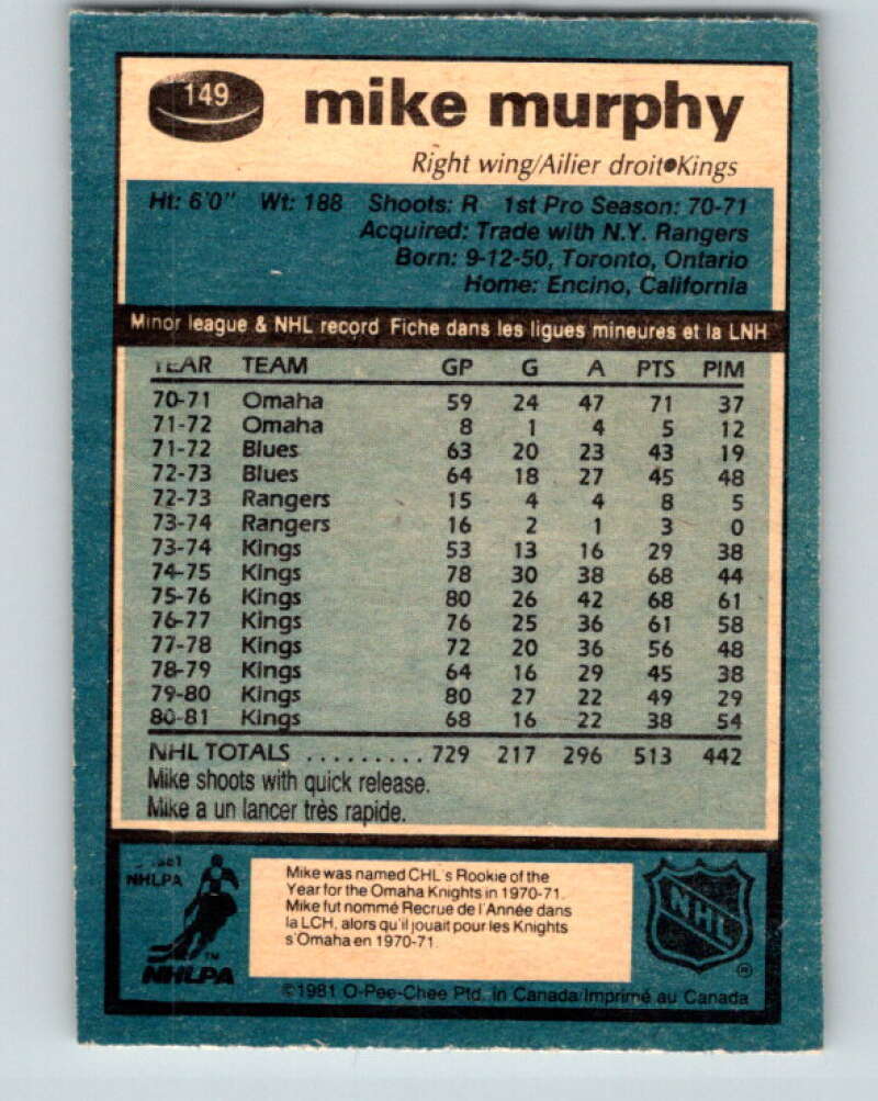 1981-82 O-Pee-Chee #149 Mike Murphy Los Angeles Kings V30501