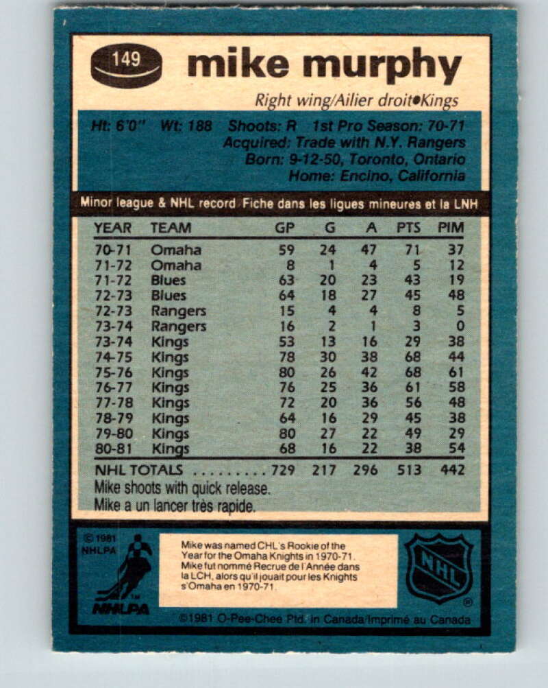 1981-82 O-Pee-Chee #149 Mike Murphy Los Angeles Kings V30502